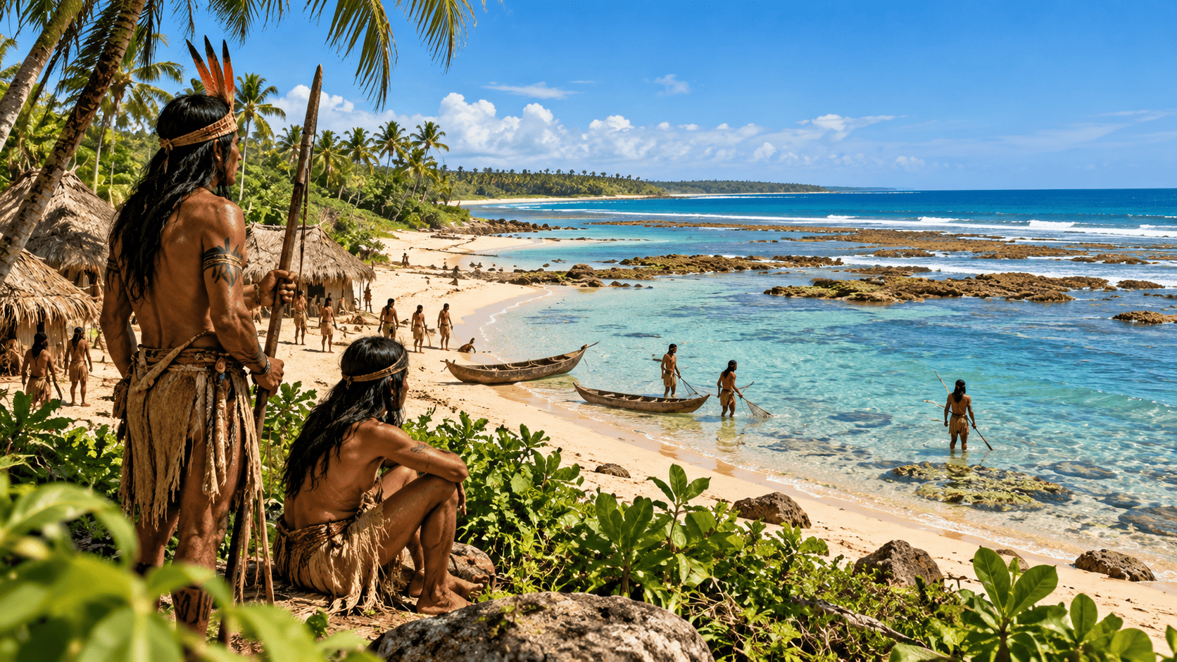 Representação artística de uma aldeia indígena à beira-mar, antes da colonização.