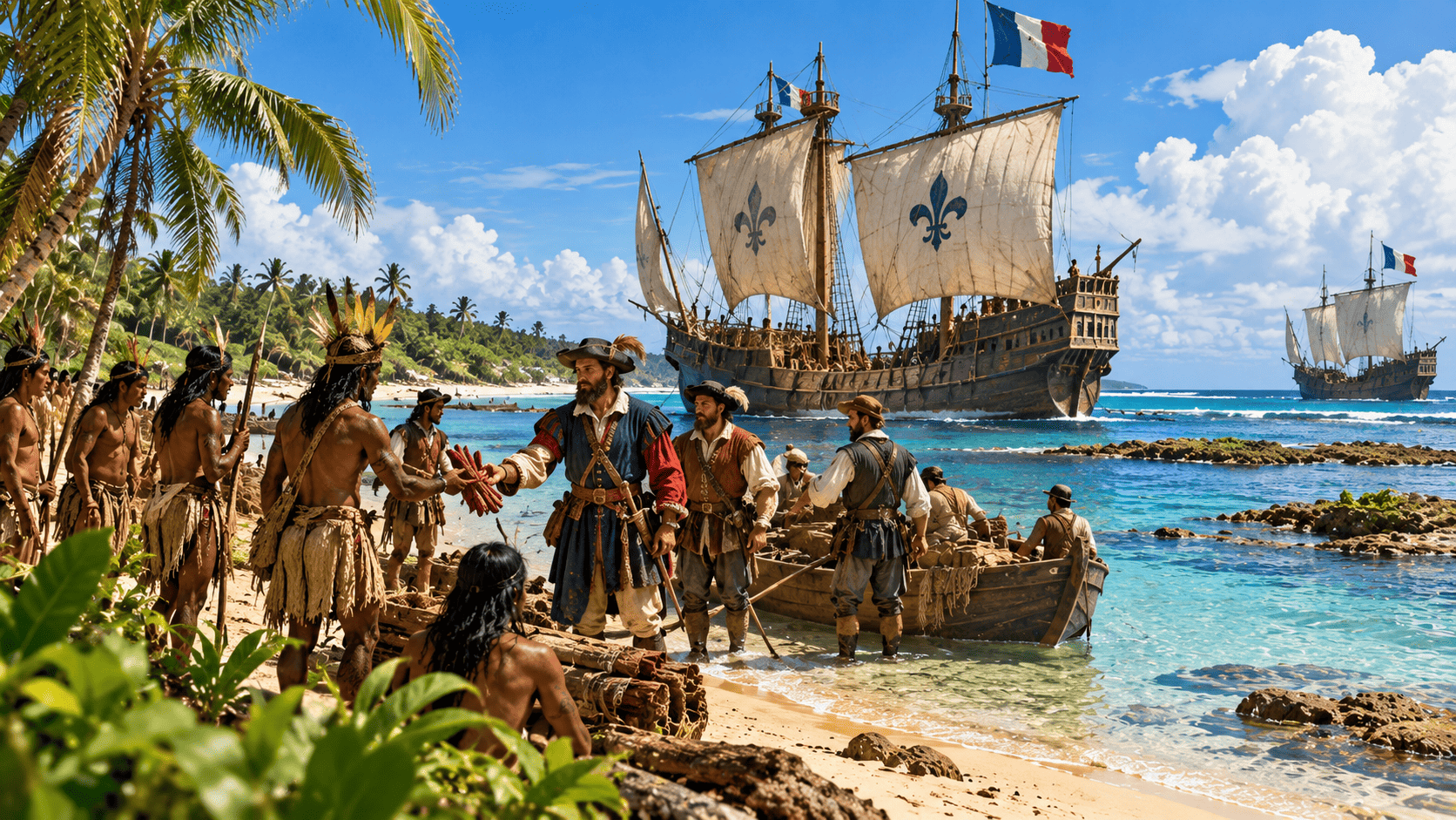 Ilustração de navegadores franceses e embarcações europeias na costa brasileira no século XVI.